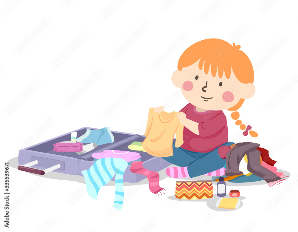 Kid Girl Pack Her Own Luggage Illustration Kid Girl Pack Her Own Luggage Illustration
