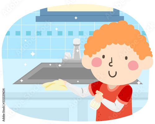 Kid Boy Clean Kitchen Sink Illustration