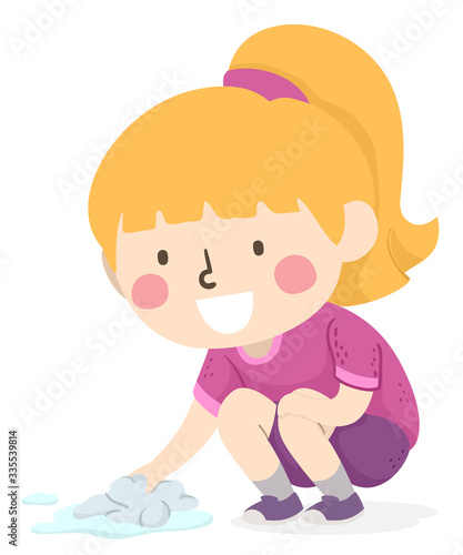 Kid Girl Wipe Spilled Water Floor Illustration