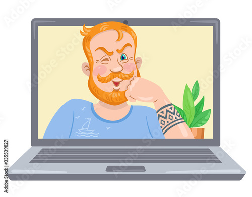 Brutal guy on a laptop screen. Video chat online. Internet communication during quarantine. In cartoon style. Vector illustration.