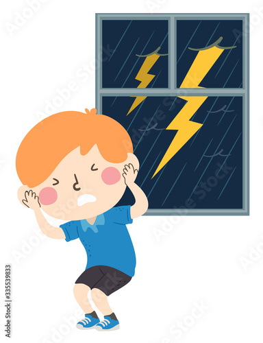 Kid Boy Afraid Lightning Illustration