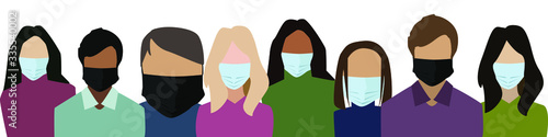 Group of people wearing medical masks to prevent disease, flu, air pollution, contaminated air, world pollution. Stock vector illustration in a flat style. Wuhan Novel coronavirus (2019-nCoV).Concept 