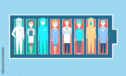 Lack of doctors, nurses at work in hospitals. Death, illness of medical personnel through Covid-19. Emotional burnout, fatigue. Abstract illustration of situations in hospitals. The battery is low