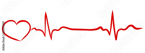 Heartbeat continuous line with shape of heart drawn by hand in red color. Medical vector illustration. Heart pulse cardiogram, medical background. Digital painting doodle style in vector EPS 10