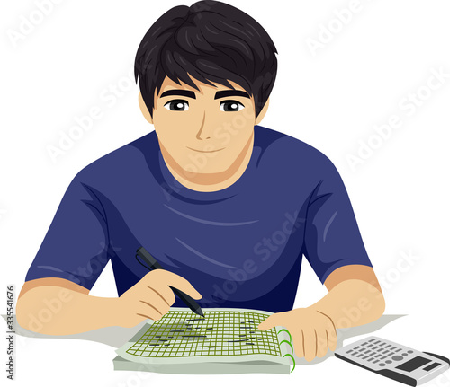 Teen Boy Solve Math Calculator Illustration