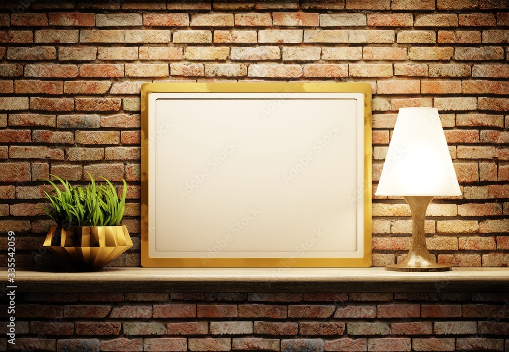 Night interior with an empty frame template on a shelf with a plant and a lamp. Brick wall. 3D rendering. Night interior with an empty frame template on a shelf with a plant and a lamp. Brick wall. 3D rendering.