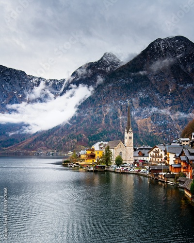 Hallstatt, Austria - November 29, 2019:Very beautiful and popular mountain village in the Austrian Alps. 