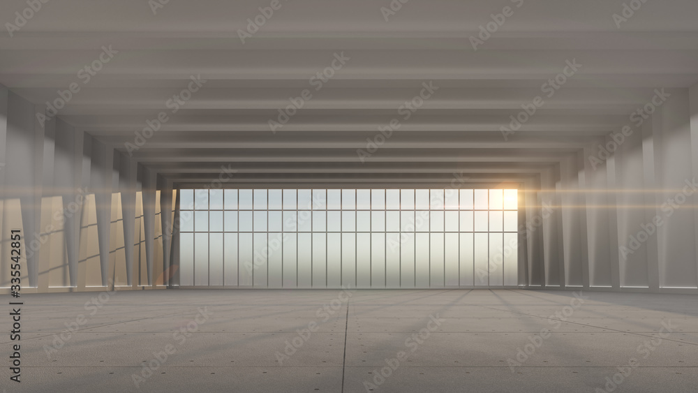 Sunny spacious hangar area with concrete floor and windows in floor 3D Render