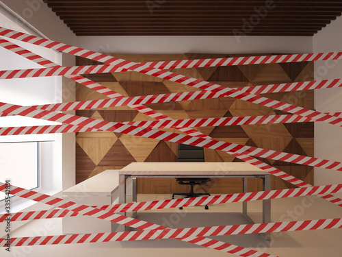 warning tape in modern office interior. 3D rendering.