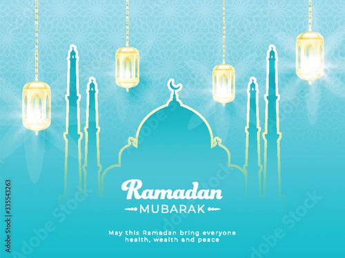 Islamic Holy Month of Ramadan Mubarak with Illuminated Lanterns and Line-art Mosque on Skyblue Background.