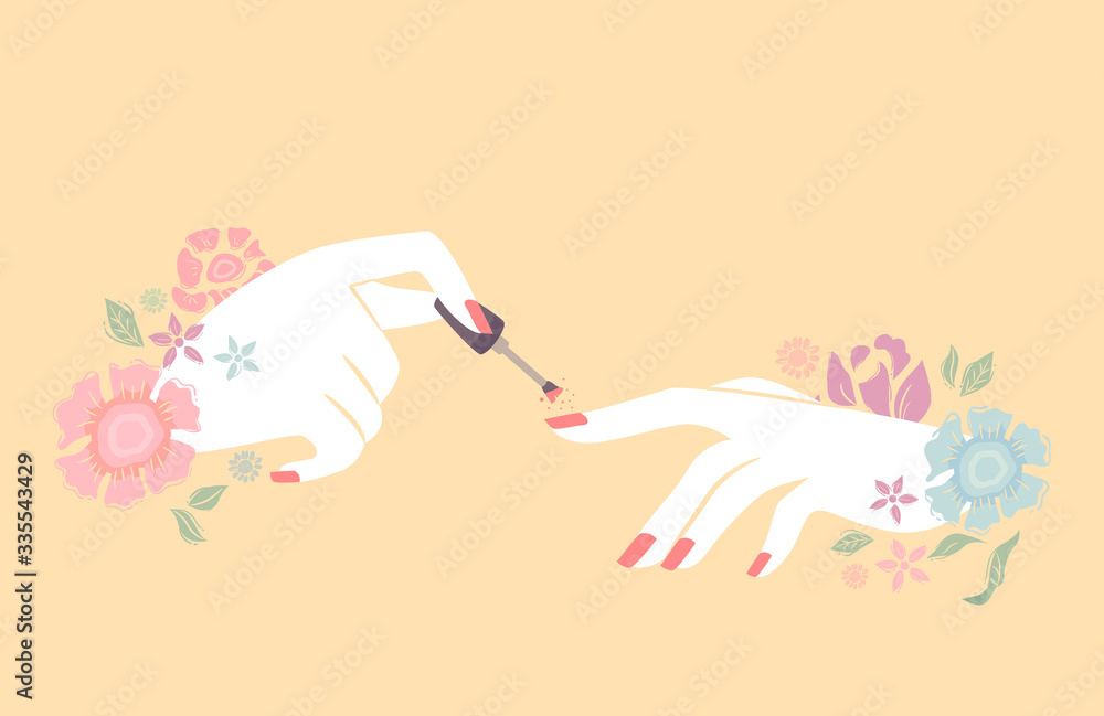 Hands Floral Manicured Nail Polish Illustration