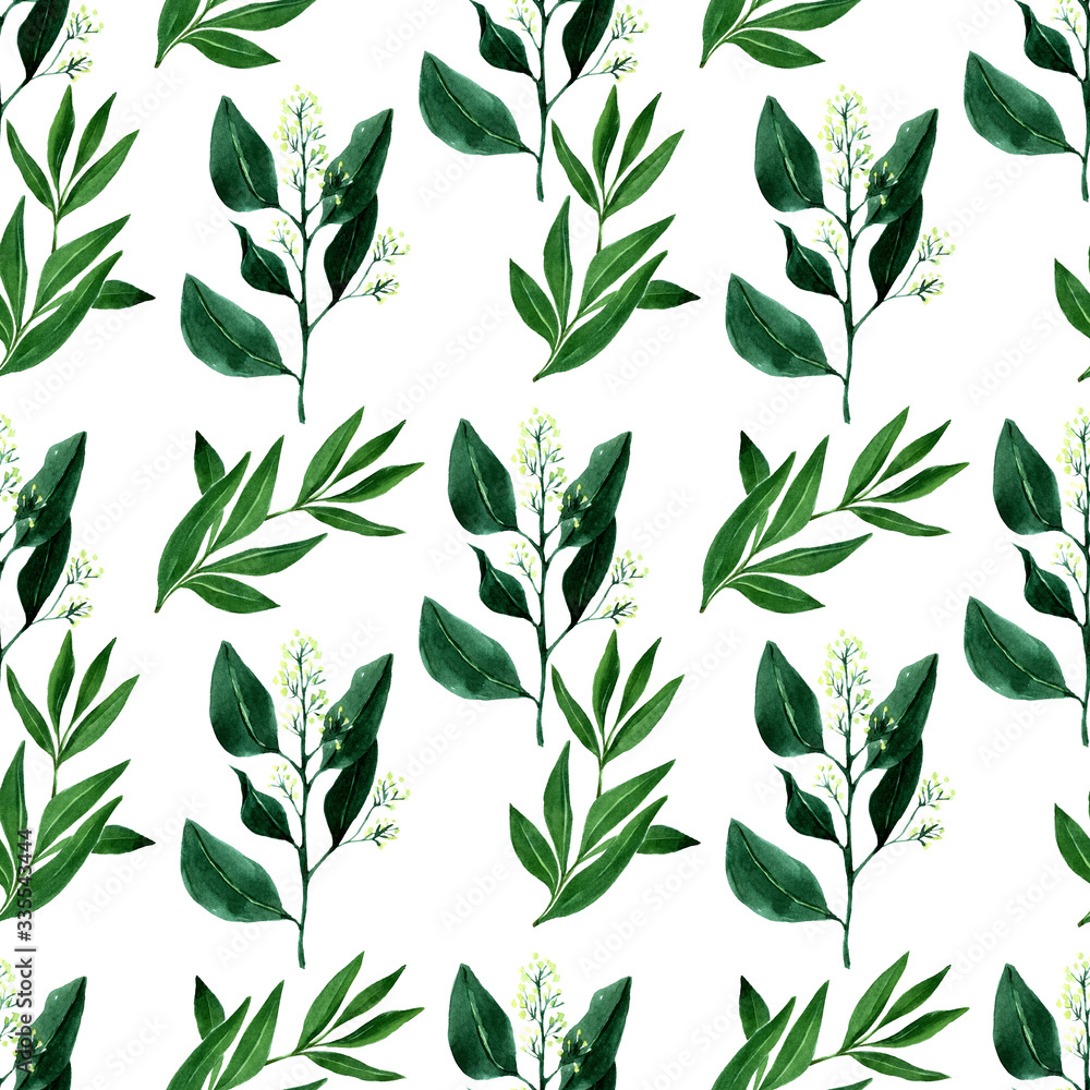 Watercolor seamless pattern with spring flowers, buds and twigs with leaves