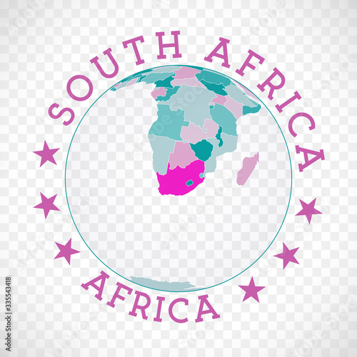 South Africa round logo. Badge of country with map of South Africa in world context. Country sticker stamp with globe map and round text. Awesome vector illustration.