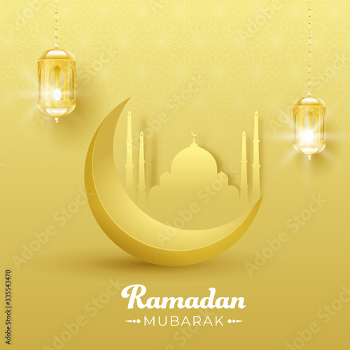 Islamic Holy Month of Ramadan Mubarak with Golden Crescent Moon, Paper Mosque and Hanging Illuminated Lanterns on Yellow Background.