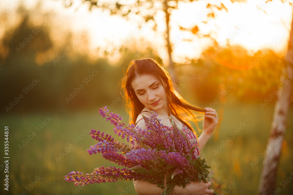 beautiful girl in a lupine field. Girl holding a bouquet of lupines beautiful girl in a lupine field. Girl holding a bouquet of lupines