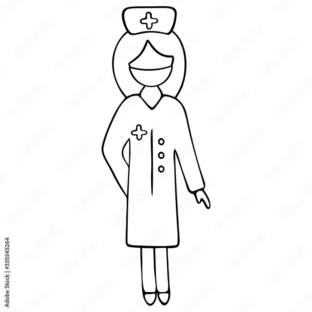 A nurse in a cap with a cross and a medical mask. Vector illustration. The medical worker is anonymous. Female doctor in a white coat. An employee of the hospital. Outline on an isolated background. D A nurse in a cap with a cross and a medical mask. Vector illustration. The medical worker is anonymous. Female doctor in a white coat. An employee of the hospital. Outline on an isolated background. D