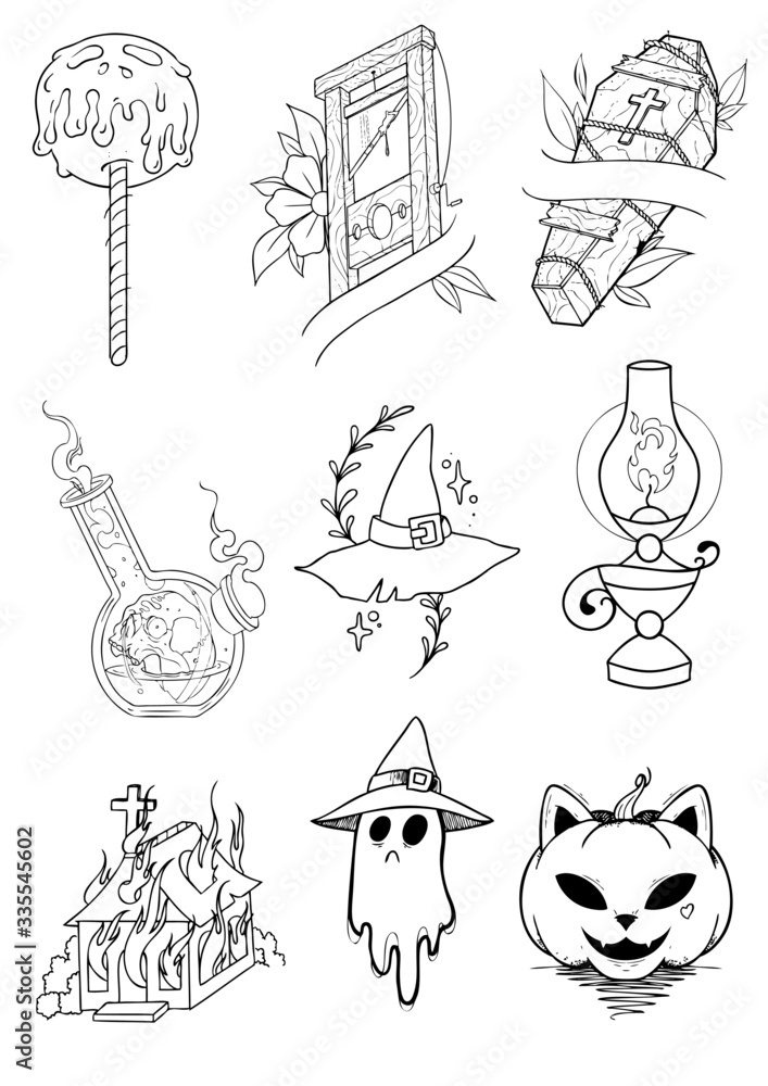 Flash Halloween Tattoo 2022 Halloween Terror Horror Vector Sheet For T Shirts Or Flash Tattoo Sheet Stock Vector Adobe Stock