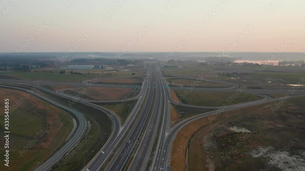 Drone Flight Over The Intersection Of The Empty New Highway In Poland. Drone Flight Over The Intersection Of The Empty New Highway In Poland.