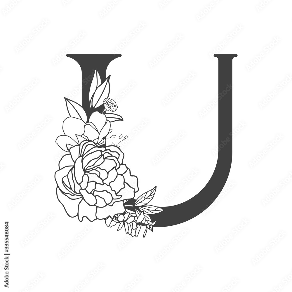 Vector flower alphabet. Floral design of letter U. Decoration of wedding  invitations, cards, business cards of florists. Large delicate flowers in a  line style Stock Vector