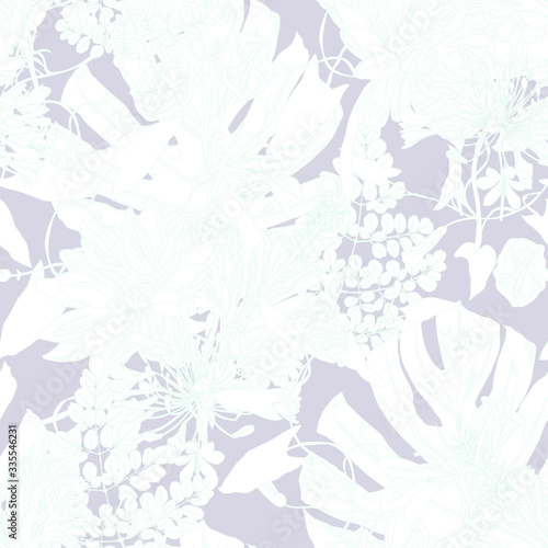 Seamless tropical pattern with leaves and exotic flowers. Graphic vector background. © Pchelka