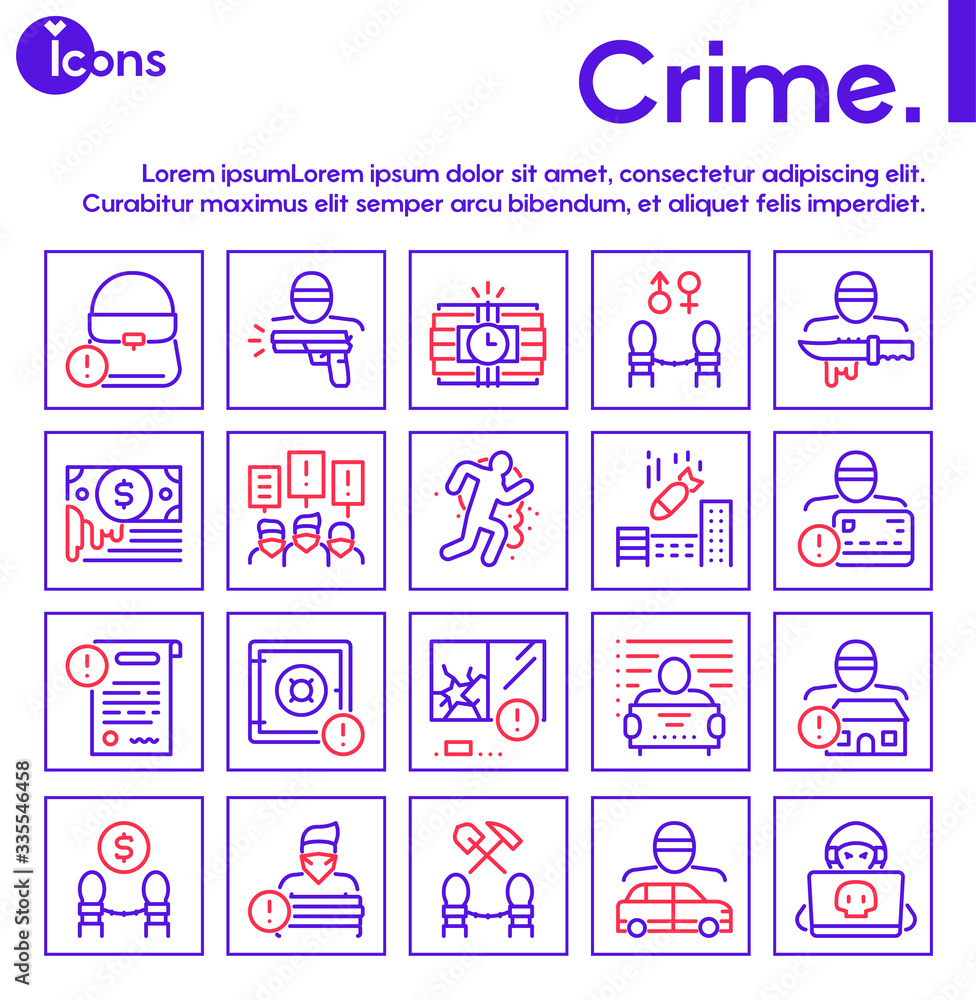 Plakat Vector color linear icon banner set of crime