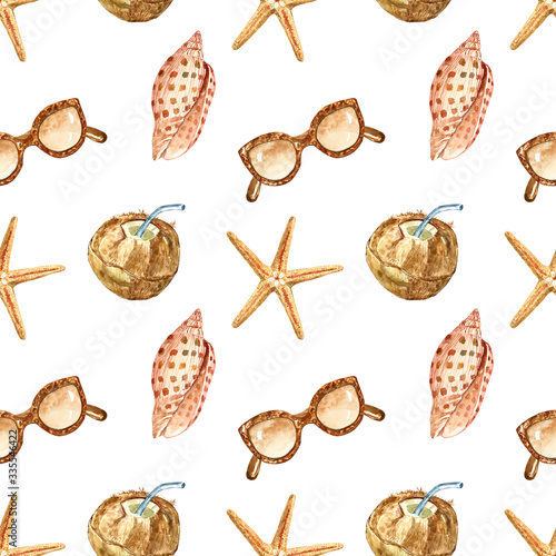 Watercolor summer vacation seamless pattern. Summer vibes illustration. Starfish, seashell, sunglasses, coconut milk juice on white background. Nautical style repeatable print