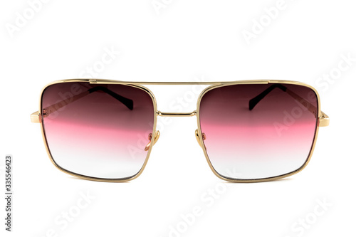 Red pilot aviator, gold rimmed, gradient sunglasses isolated on white background, front view