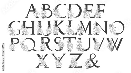 Vector flower alphabet. Floral design of letters. Decoration of wedding invitations, cards, business cards of florists. Large delicate flowers in a line style