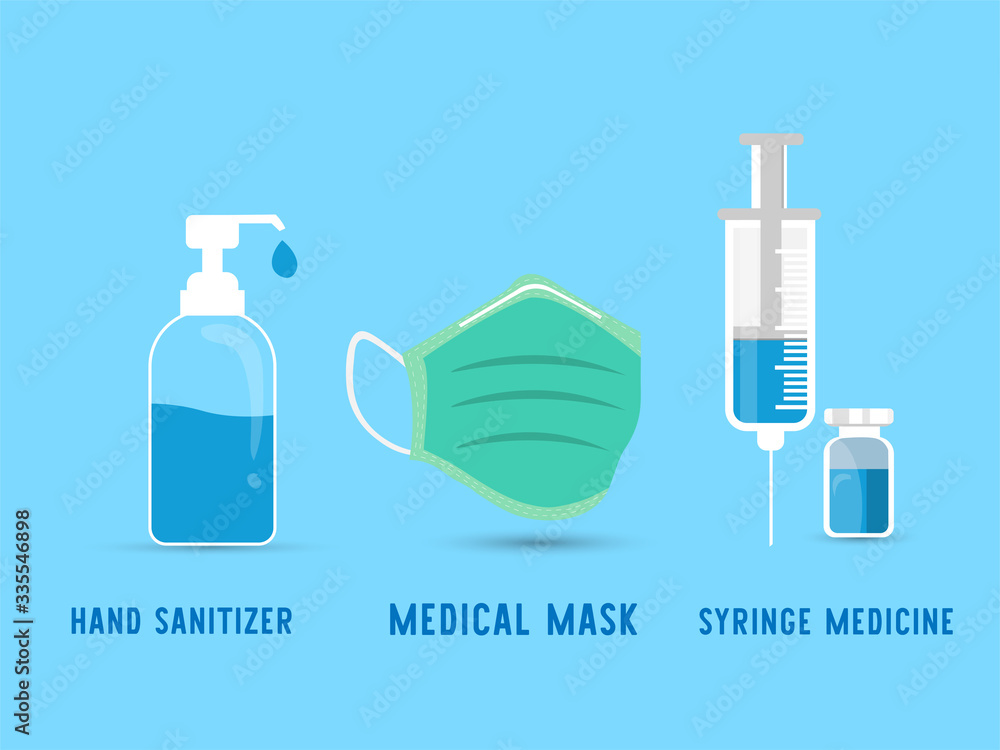 Syringe medicine blue vaccine with hand sanitizer pump bottle and Medical face mask Covid-19 spread prevention.