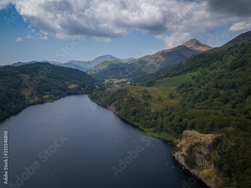 Aerial view of Lake Llyn Gwynant, Snowdonia National Park Mountains, Gwynedd, Wales, UK