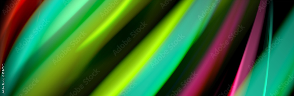 Silk and smooth flow wave poster design. Color waves, liquid style lines and shapes in black color background Silk and smooth flow wave poster design. Color waves, liquid style lines and shapes in black color background