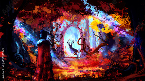 A beautiful colorful forest with red foliage everywhere  in the foreground  the character looks forward at a curious deer frozen in the arch of ancient ruins. 2d illustration