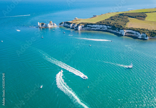 Aerial view of Old Harry Rocks Cliffs, Swanage, Studland, Dorset, UK