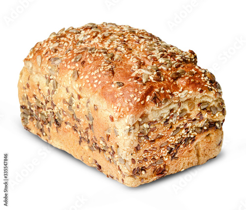 A whole loaf of bread with seeds on a white isolated background. Clipping path.