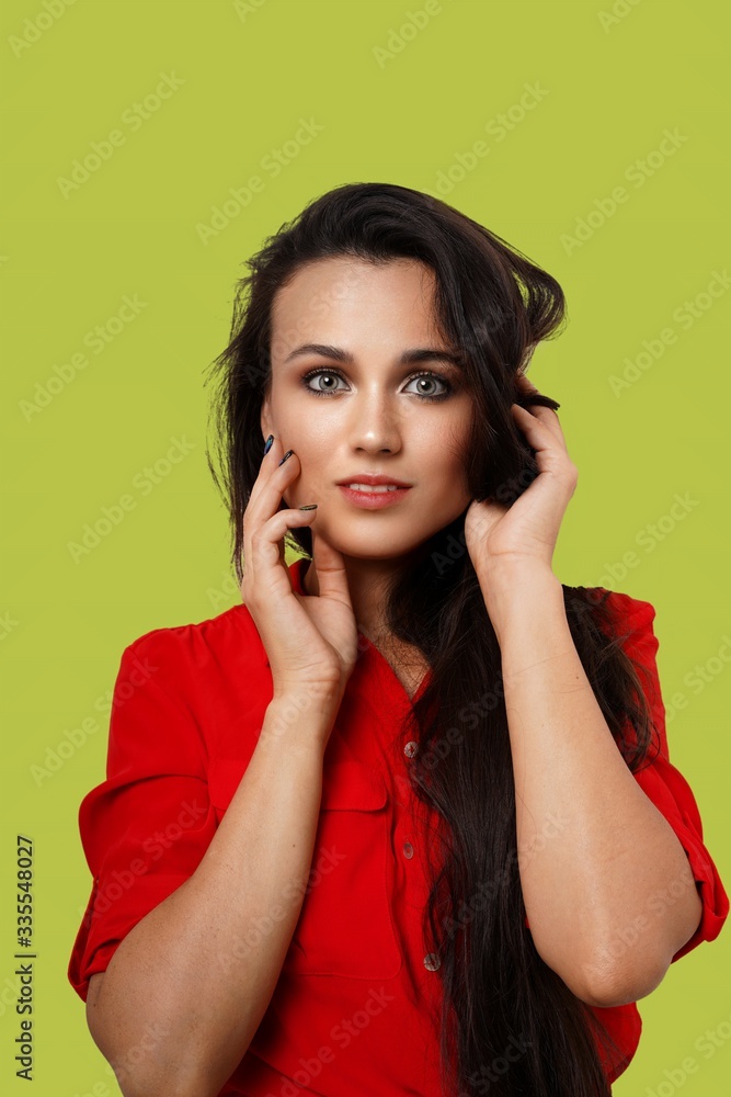 Cheerful Young Woman In Red With Natural Make Up Cheerful Young Woman In Red With Natural Make Up