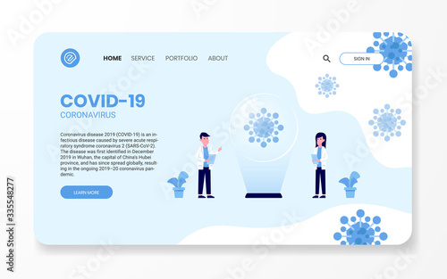 Coronavirus web design landing page with Doctor analyzing virus illustration. COVID-19 (nCoV - 2019). Wuhan Virus Disease. Flat Design Illustration.