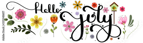 Hello July.  JULY month vector with flowers, swashes and leaves. Decoration floral. Illustration month July	