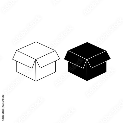 Open box icons for packaging or delivery and shipping, open package, unbox in black. Forbidden symbol simple on isolated white background. EPS 10 vector.