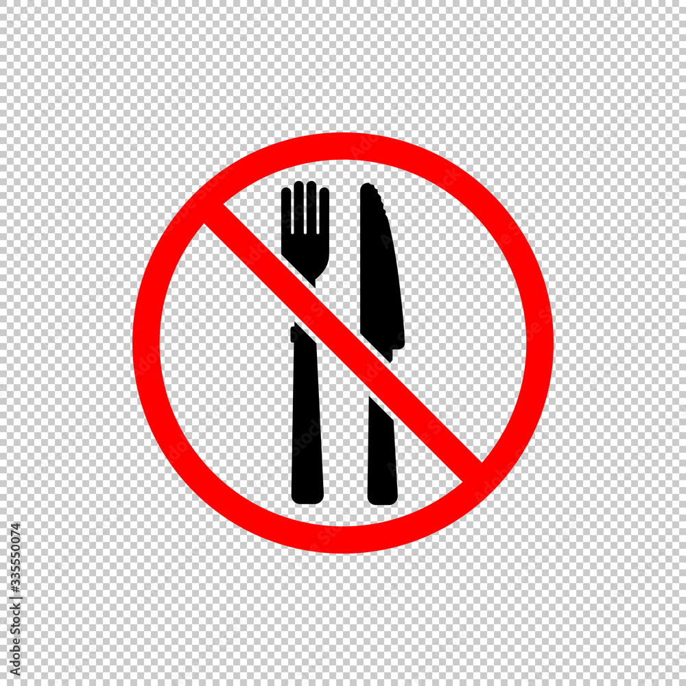 No food or stop eating icon in black and red. Fork and knife. Forbidden symbol simple on isolated background. EPS 10 vector. No food or stop eating icon in black and red. Fork and knife. Forbidden symbol simple on isolated background. EPS 10 vector.