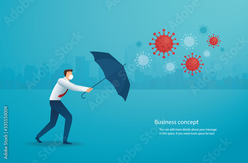 Businessman uses umbrella to protect himself from Coronavirus  (COVID-19) vector illustration, EPS10.