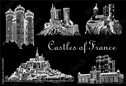 Graphical set of France castles isolated on black background,vector illustration