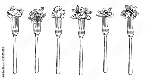 fork with food set. natural food and cutlery. sketch isolated on white background