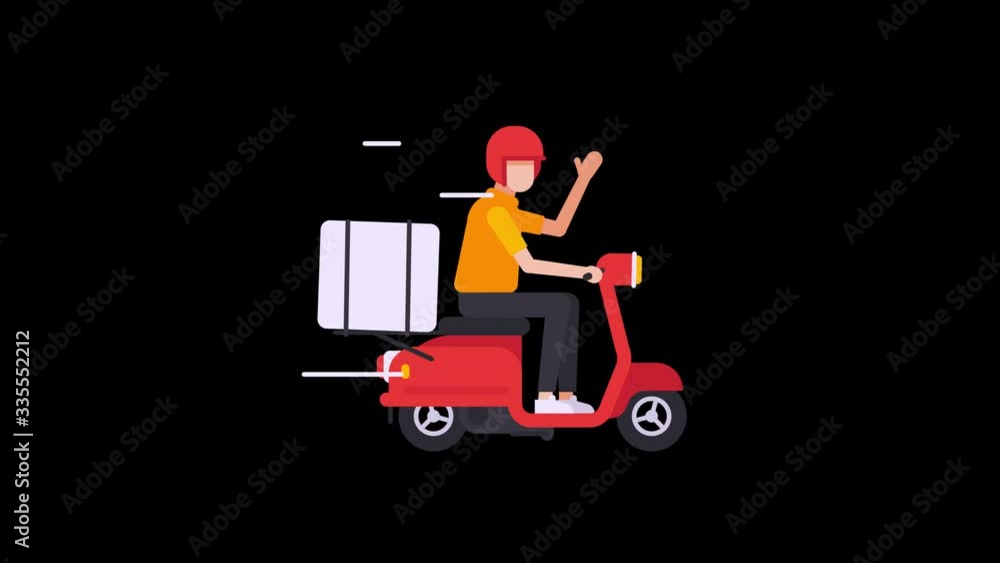 Courier on scooter with box on trunk. Rides along screen. Transparent background Courier on scooter with box on trunk. Rides along screen. Transparent background