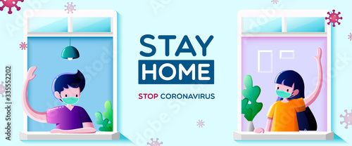 People in medical mask stay at windows and look out of apartment. Greeting and communication of neighbors-Stay at home campaign for coronavirus prevention concept.