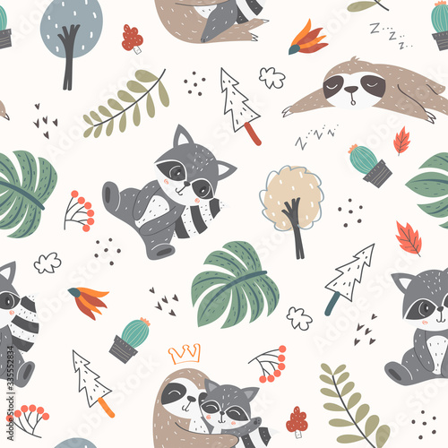Cute baby pattern with raccon and sloth in the scandinavian style