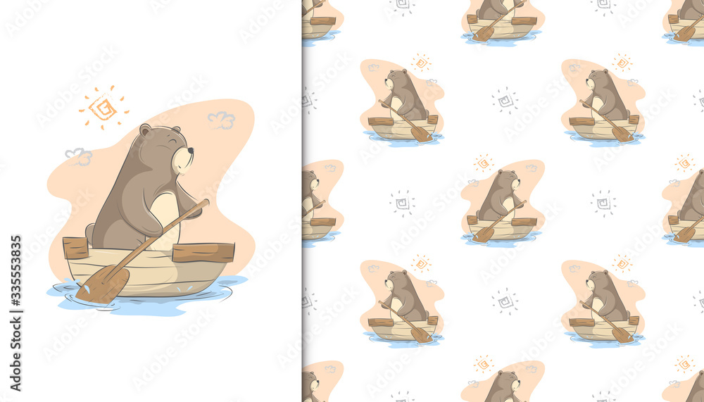 illustration of bear on a wooden boat and kids baby pattern in the white backdrop
