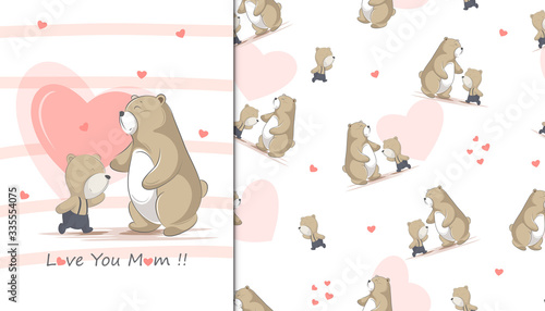 illustration of mom bear and child for mother day and Kids baby pattern in the white backdrop