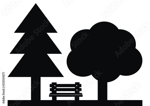 coniferous and deciduous tree with bench, black silhouette, vector icon