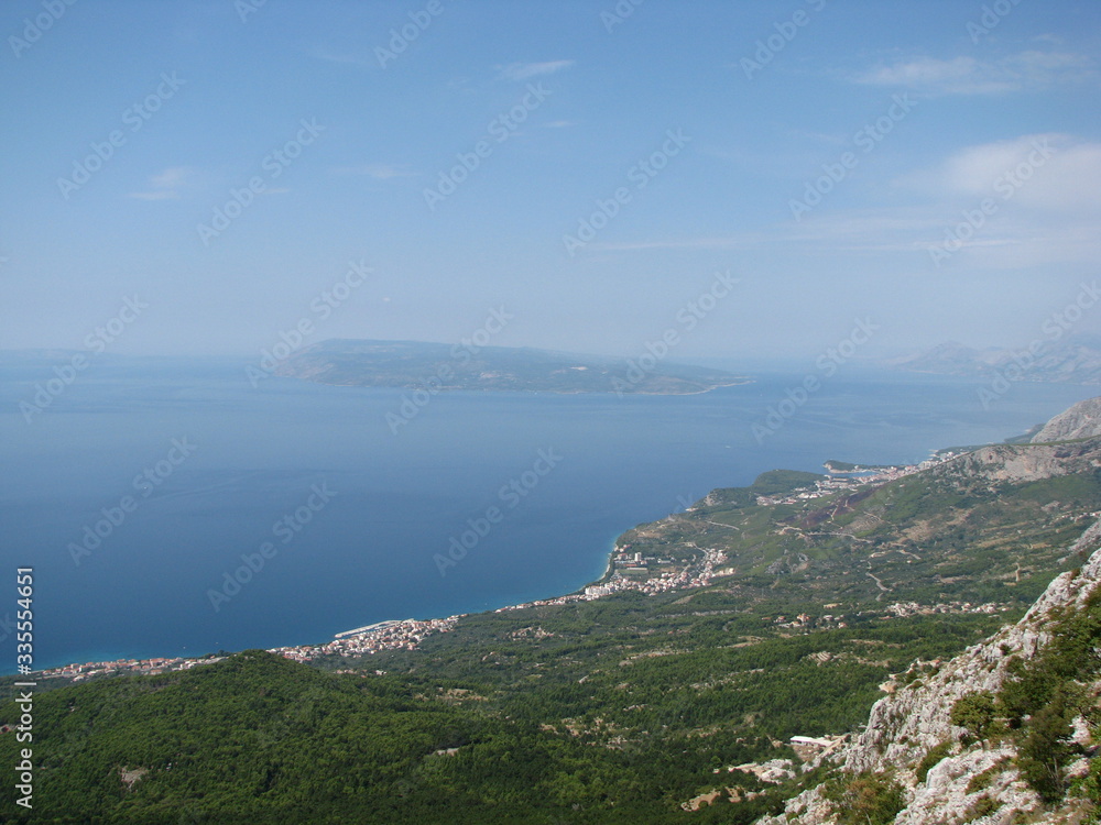 mountain, landscape, sea, nature, sky, rock, view, travel, blue, mountains, stone, summer, water, cliff, coast, rocks, panorama, tourism, scenic, green, hill, croatia, forest