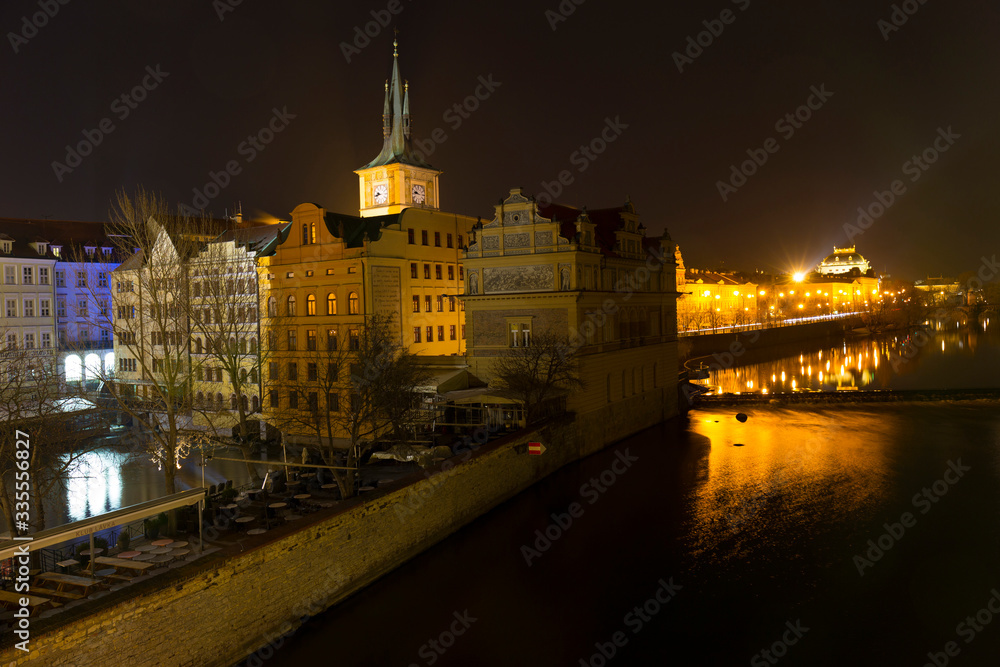 Night colorful Prague Old Town with National Theatre from Charles Bridge, Czech republic